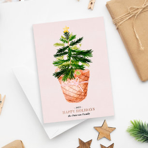 Tarjeta Festiva Con Relieve Metalizado Modern Christmas tree watercolor bow illustration
