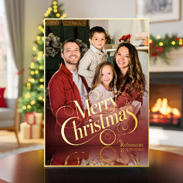 Tarjeta Festiva Con Relieve Metalizado Modern Elegant 4 Photo Minimal Script Christmas