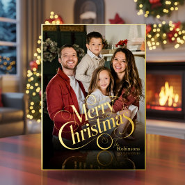 Tarjeta Festiva Con Relieve Metalizado Modern Elegant 4 Photo Minimal Script Christmas