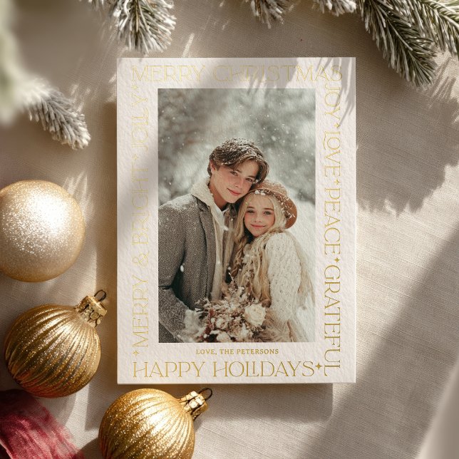Tarjeta Festiva Con Relieve Metalizado Modern Elegant Gold Christmas Words Photo (Modern Elegant Gold Christmas Words Photo Foil Holiday Card)