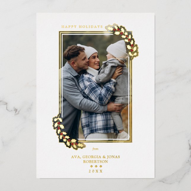 Tarjeta Festiva Con Relieve Metalizado Modern Elegant Luxury Golden Holly Branches (Anverso)