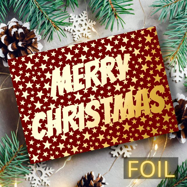Tarjeta Festiva Con Relieve Metalizado Modern elegant stars Merry Christmas burgundy red (Subido por el creador)