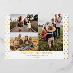 Tarjeta Festiva Con Relieve Metalizado Modern Family 3 Patrón Floral Foto Navidad