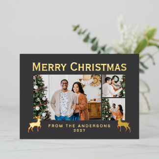Tarjeta Festiva Con Relieve Metalizado Modern Family 3 Photo Collage Elegant Christmas