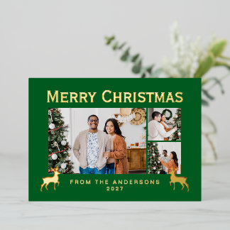 Tarjeta Festiva Con Relieve Metalizado Modern Family 3 Photo Collage Elegant Christmas