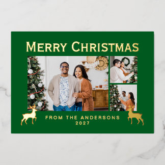 Tarjeta Festiva Con Relieve Metalizado Modern Family 3 Photo Collage Elegant Christmas
