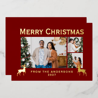 Tarjeta Festiva Con Relieve Metalizado Modern Family 3 Photo Collage Elegant Christmas
