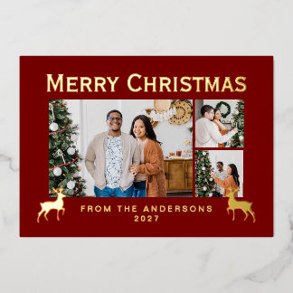 Tarjeta Festiva Con Relieve Metalizado Modern Family 3 Photo Collage Elegant Christmas