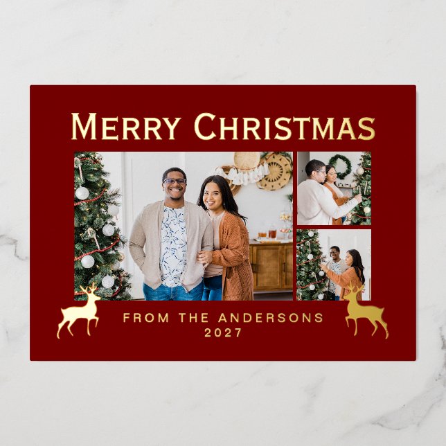 Tarjeta Festiva Con Relieve Metalizado Modern Family 3 Photo Collage Elegant Christmas (Anverso)