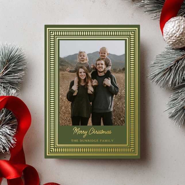 Tarjeta Festiva Con Relieve Metalizado Modern Gold Frame Holiday Photo Christmas Card (Subido por el creador)