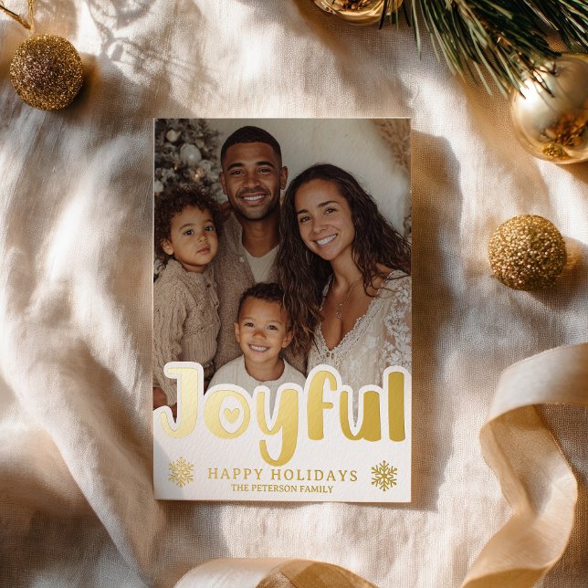 Tarjeta Festiva Con Relieve Metalizado Modern Gold Joyful Luxe Photo Christmas (Modern Gold Joyful Luxe Photo Christmas Foil Holiday Card)