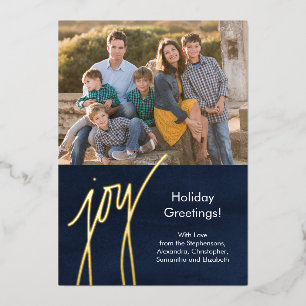 Tarjeta Festiva Con Relieve Metalizado Modern Gold Script Joy Holiday Photo Card