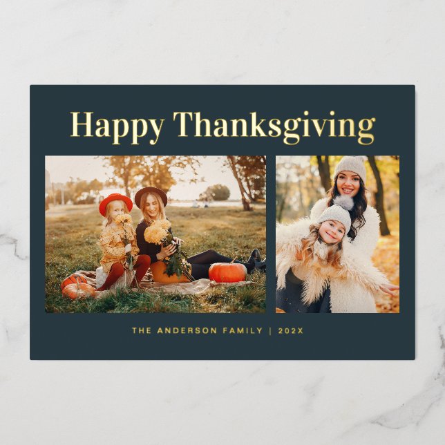 Tarjeta Festiva Con Relieve Metalizado Modern Gold Text Fall Happy Thanksgiving Photo  (Anverso)
