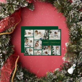 Tarjeta Festiva Con Relieve Metalizado Modern Green Stylish Multi Photo Grid Holiday Card