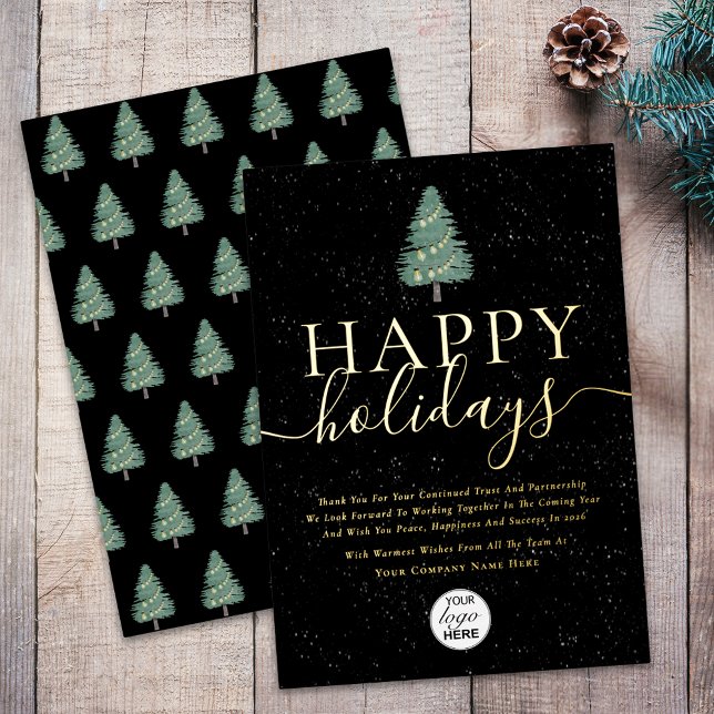 Tarjeta Festiva Con Relieve Metalizado Modern Happy Holidays Business Logo Black & Gold (Modern elegant happy holidays corporate logo black & gold foil business holiday card)