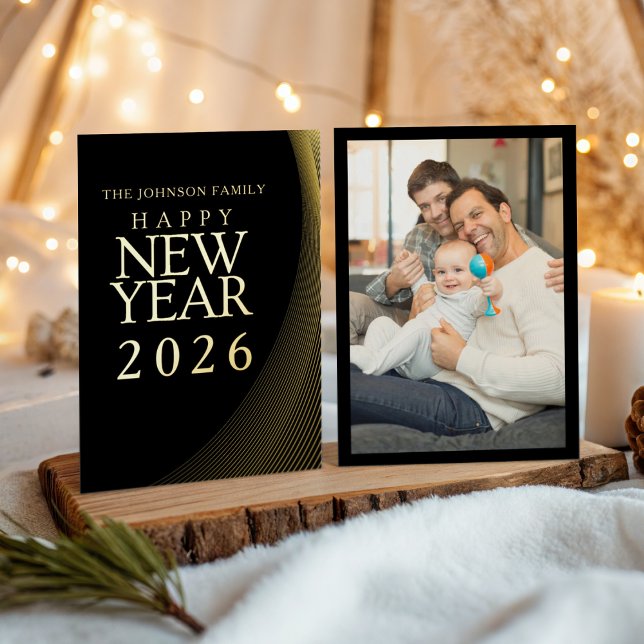 Tarjeta Festiva Con Relieve Metalizado Modern Happy New Year 2026 Gold Photo  (Subido por el creador)