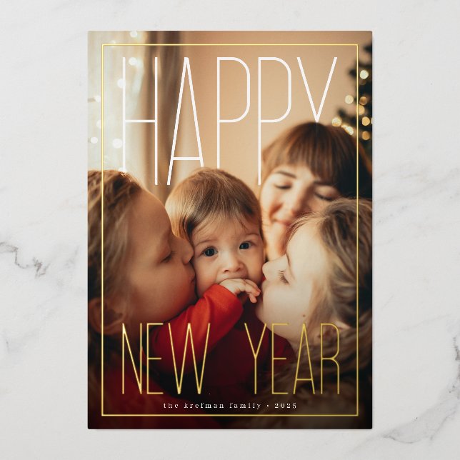 Tarjeta Festiva Con Relieve Metalizado Modern Happy New Year Photo (Anverso)