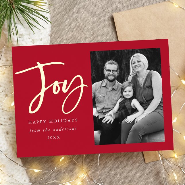 Tarjeta Festiva Con Relieve Metalizado Modern Joy Script Foto Roja (Subido por el creador)