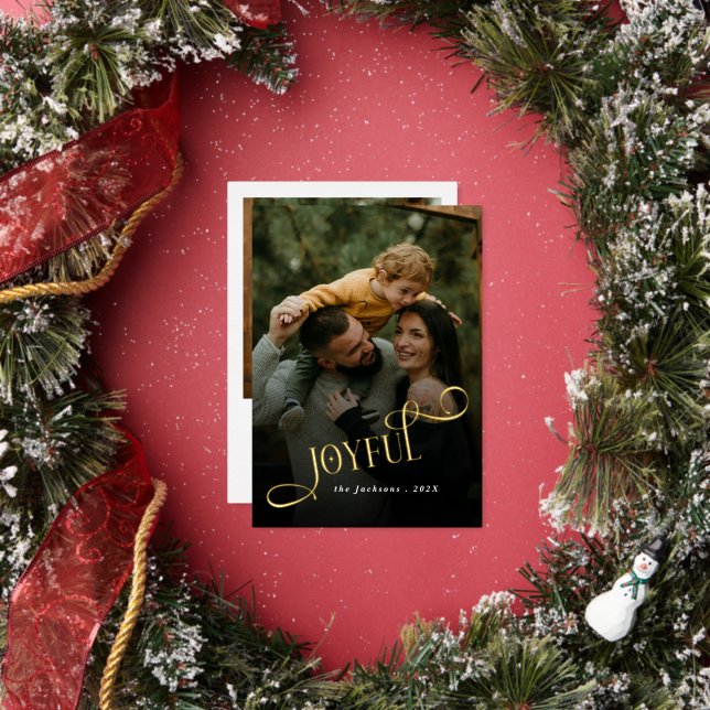 Tarjeta Festiva Con Relieve Metalizado Modern Joyful Family 2 Photo Christmas  (in situ)