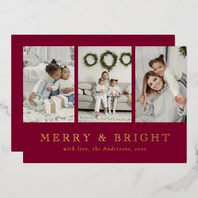Tarjeta Festiva Con Relieve Metalizado Modern Merry and Bright Red Christmas Holiday (Anverso/Reverso)