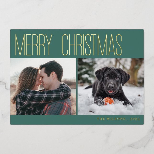 Tarjeta Festiva Con Relieve Metalizado Modern Merry Christmas Photo (Anverso)