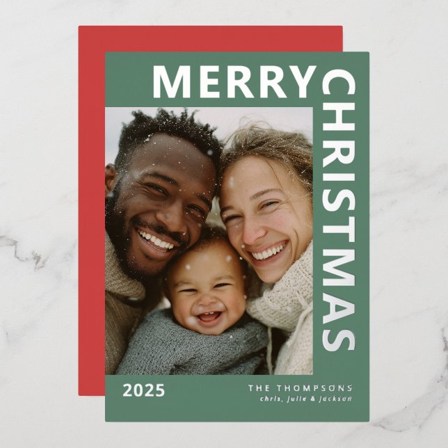 Tarjeta Festiva Con Relieve Metalizado Modern Merry Christmas Photo Card (Anverso/Reverso)