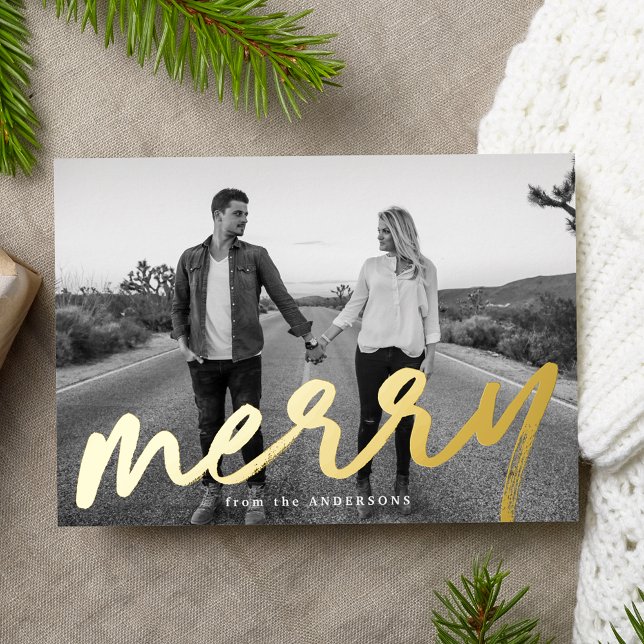 Tarjeta Festiva Con Relieve Metalizado Modern Merry Gold Luxe Photo (Subido por el creador)