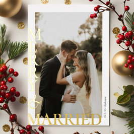 Tarjeta Festiva Con Relieve Metalizado Modern Merry Married Photos Gold Script