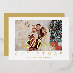 Tarjeta Festiva Con Relieve Metalizado Modern Minimalist Merry Christmas Photo Family