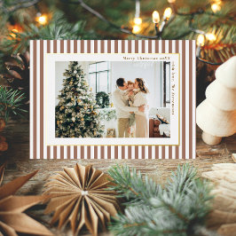 Tarjeta Festiva Con Relieve Metalizado Modern Mocha Brown Stripes Photo Christmas Gold
