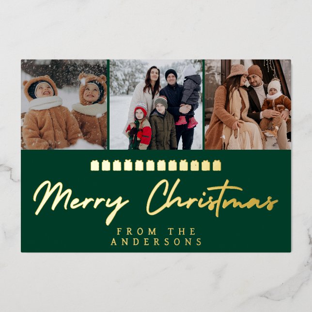 Tarjeta Festiva Con Relieve Metalizado Modern Multi Photo Collage Merry Christmas (Anverso)