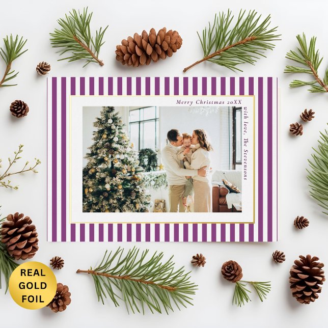 Tarjeta Festiva Con Relieve Metalizado Modern Plum Stripes Photo Christmas Gold (Subido por el creador)