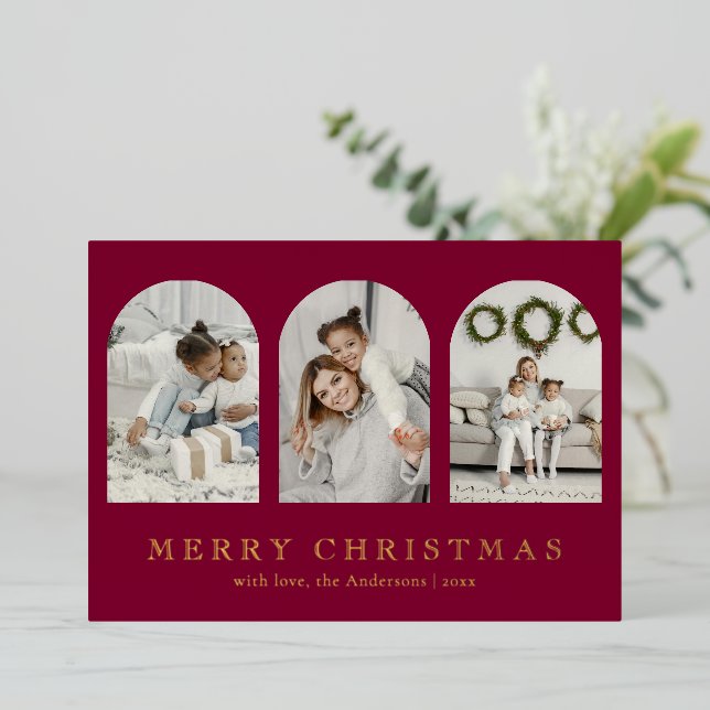 Tarjeta Festiva Con Relieve Metalizado Modern Red Elegant Arch Photo Collage Christmas (Anverso de pie)