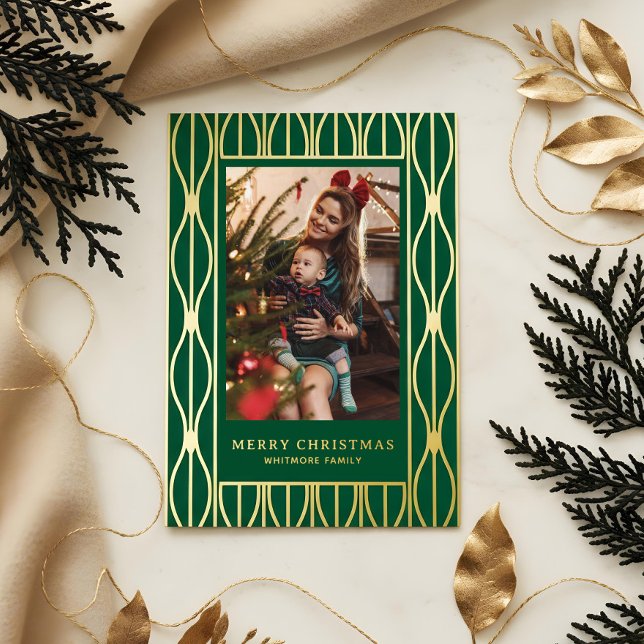 Tarjeta Festiva Con Relieve Metalizado Modern Retro Ornament Pattern Photo Christmas (Modern Retro Ornament Pattern Photo Christmas Foil Holiday Card)