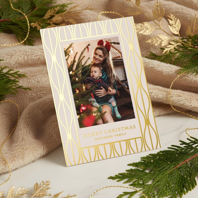 Tarjeta Festiva Con Relieve Metalizado Modern Retro Ornament Pattern Photo Christmas (Modern Retro Ornament Pattern Photo Christmas Foil Holiday Card)