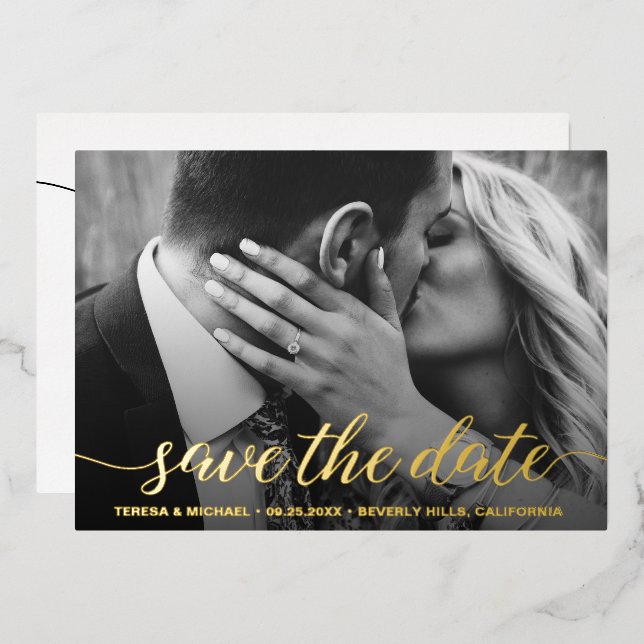 Tarjeta Festiva Con Relieve Metalizado Modern Save the date Photo Boda Real Relieve metal (Anverso/Reverso)