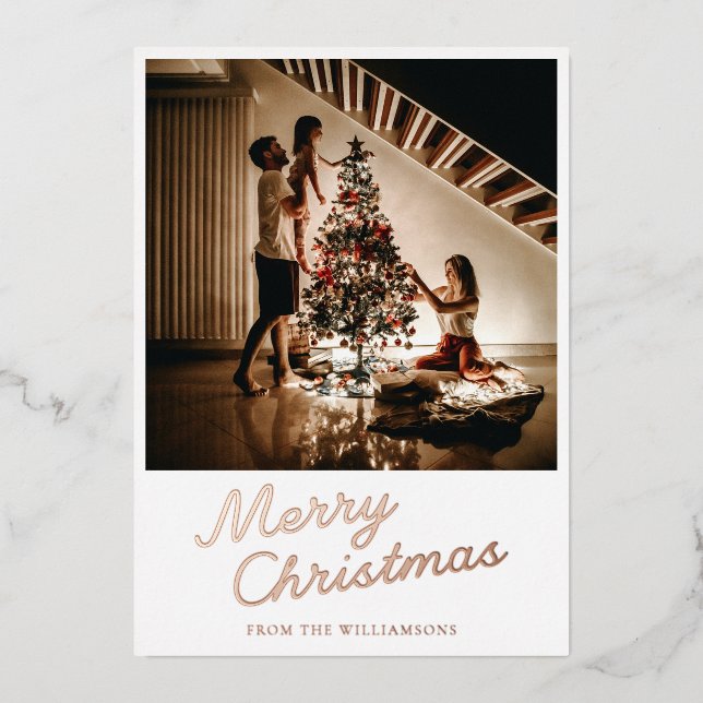 Tarjeta Festiva Con Relieve Metalizado Modern Script Photo White Christmas Rose Gold (Anverso)