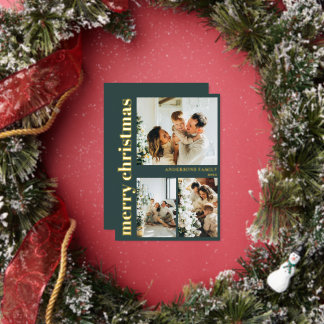 Tarjeta Festiva Con Relieve Metalizado Modern Typography Minimal Green Merry Christmas