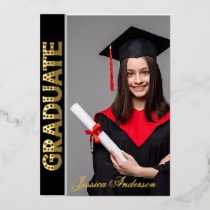 Tarjeta Festiva Con Relieve Metalizado Modern Usa Gold Font   Foto Partido de Graduación