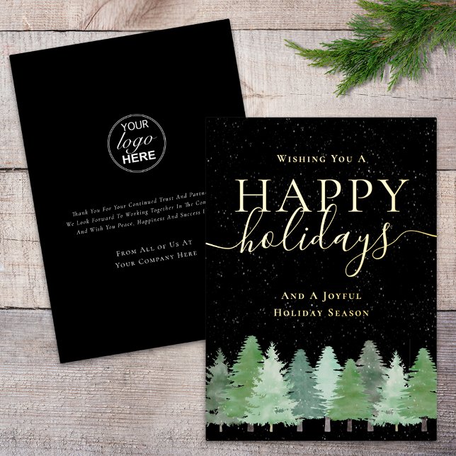 Tarjeta Festiva Con Relieve Metalizado Modern Winter Woodland Company Logo Black & Gold (Modern woodland snow company logo happy holidays black and gold foil business holiday card)