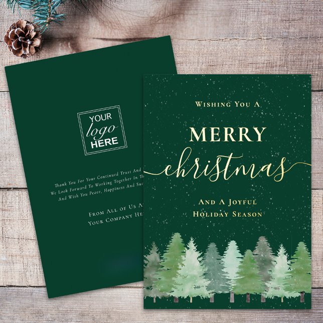 Tarjeta Festiva Con Relieve Metalizado Modern Woodland Snow Your Company Logo Green Gold (Modern elegant script woodland snow company logo happy holidays red and gold foil greetings card)