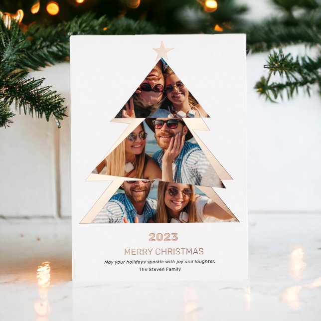 Tarjeta Festiva Con Relieve Metalizado Moderna abstracta Triangles fotografía árbol de na (Modern abstract Triangles photos christmas tree Foil Holiday Card)