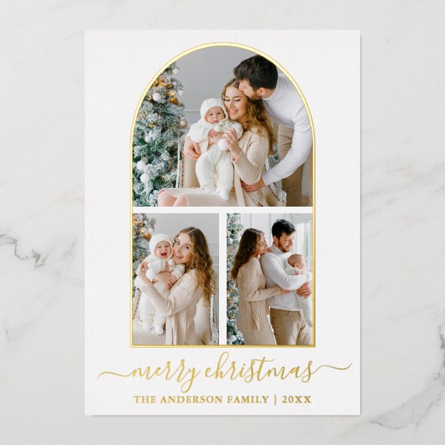 Tarjeta Festiva Con Relieve Metalizado Moderna caligrafía 3 Navidades de arte fotográfico (Anverso)