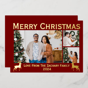 Tarjeta Festiva Con Relieve Metalizado Moderna Elegante Familia 3 Colaje de Fotos Elegant