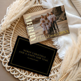 Tarjeta Festiva Con Relieve Metalizado Moderna escritura navideña Black 1 Photo Gold