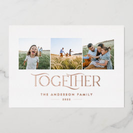 Tarjeta Festiva Con Relieve Metalizado Moderna familia de 3 fotos de óxido junto a Navida