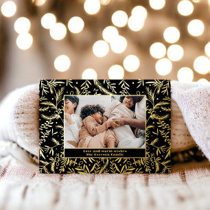 Tarjeta Festiva Con Relieve Metalizado Moderna familia de Navidades florecientes festivos