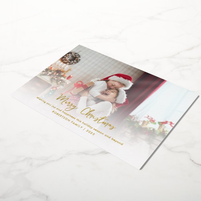 Tarjeta Festiva Con Relieve Metalizado Moderna familia Foto Elegante Navidades de guión c (girado)