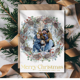 Tarjeta Festiva Con Relieve Metalizado Moderna Feliz Navidad Dorado y Familia Blanca