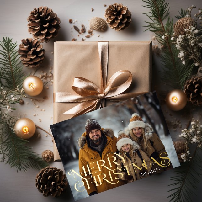 Tarjeta Festiva Con Relieve Metalizado Moderna Feliz Navidad Minimal 1 Foto Elegante (Modern Merry Christmas Minimal 1 Photo Elegant Foil Holiday Card)
